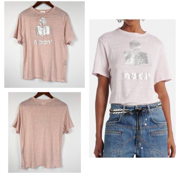 Isabel Marant Étoile Pink 100% Linen Graphic Logo T-Shirt Size M - Picture 3 of 10